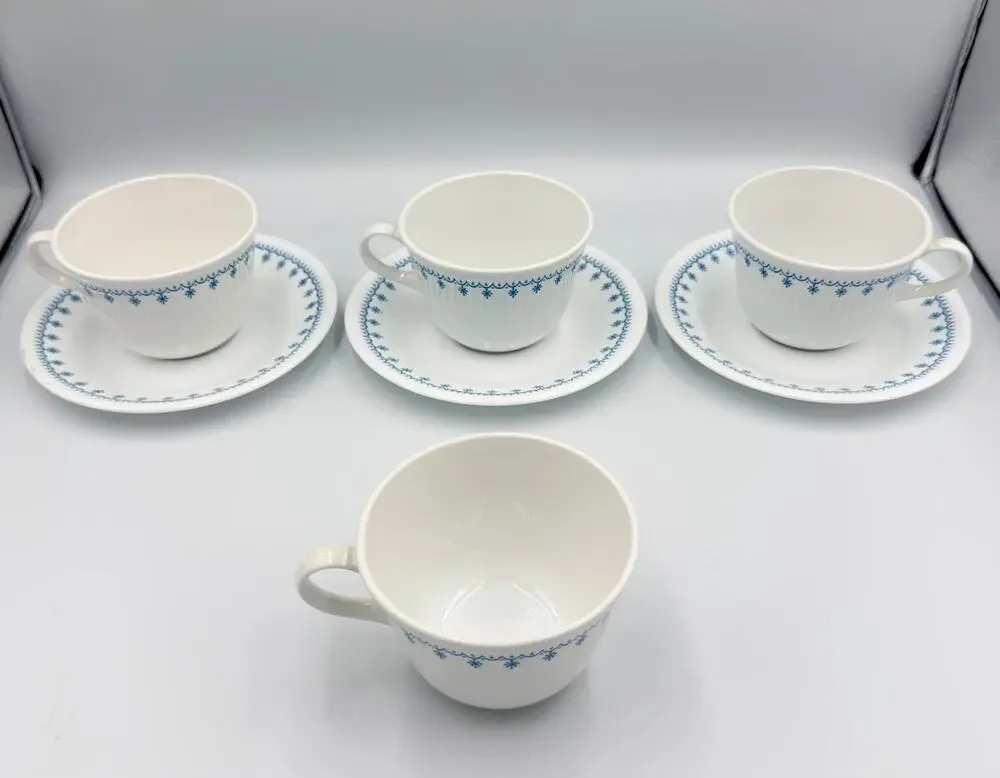 Vintage Snowflake Blue (Corelle) by CORNING - Flat Cup & Saucer 7pc Set